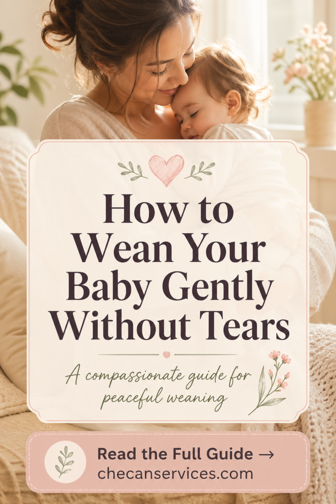 A warm, soft-toned image of a mother lovingly holding her baby in a sunlit room, with a gentle parenting message about weaning displayed in elegant typography over a cream overlay.
