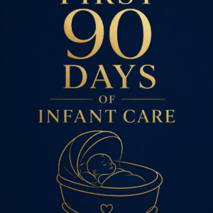 Minimalist premium eBook cover featuring a deep navy blue background with elegant gold typography and a delicate gold line-art illustration of a sleeping newborn in a bassinet. The title “The First 90 Days of Infant Care” is centered in a luxurious serif font, with the author name “Louise Blount” displayed at the bottom in a minimalist sans-serif style.