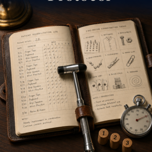 Photorealistic ebook cover for The Neuroplasticity Protocol featuring an open rehabilitation logbook on a dark walnut clinician’s desk beside a chrome reflex hammer, therapy pegs, and a stopwatch under warm natural light.