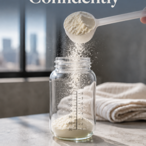 Photorealistic ebook cover featuring a scoop of infant formula powder pouring into a clear glass baby bottle on a concrete kitchen counter with soft morning light from loft-style windows. The cover uses soft slate, ivory, and dusty blue tones with the title “Feed Your Baby Confidently,” subtitle “Evidence-Based Guidance for Every Feeding Stage,” and author name “Louise Blount.”