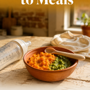 A photorealistic ebook cover featuring a tipped baby bottle beside a terracotta bowl filled with orange sweet potato purée and green pea purée on a rustic white oak kitchen table. A small toddler spoon rests across the bowl, with a folded white bib softly blurred in the background. Warm afternoon sunlight illuminates the scene, symbolizing the transition from bottle feeding to solid foods. The title reads "From Milk to Meals" and the author is Louise Blount.