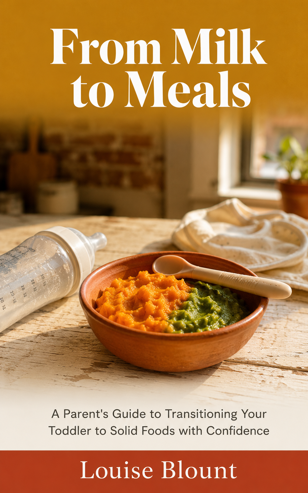 A photorealistic ebook cover featuring a tipped baby bottle beside a terracotta bowl filled with orange sweet potato purée and green pea purée on a rustic white oak kitchen table. A small toddler spoon rests across the bowl, with a folded white bib softly blurred in the background. Warm afternoon sunlight illuminates the scene, symbolizing the transition from bottle feeding to solid foods. The title reads "From Milk to Meals" and the author is Louise Blount.