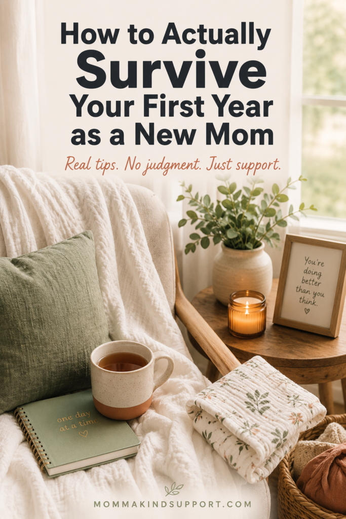 A warm, cozy Pinterest pin featuring a soft white blanket, a mug of tea, a folded swaddle blanket, and gentle morning light in a calm home setting. Large text reads “How to Actually Survive Your First Year as a New Mom” with the subtext “Real tips. No judgment. Just support.” in soft script lettering.
