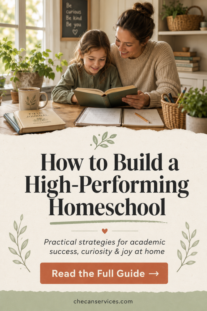 Vertical Pinterest pin featuring a warm homeschool scene with a parent and child reading together at a cozy sunlit kitchen table surrounded by books, notebooks, plants, and a steaming mug. The design uses soft sage green, cream, and terracotta tones with elegant serif typography. Large headline reads “How to Build a High-Performing Homeschool,” followed by subtext about practical strategies for academic success, curiosity, and joy at home. A terracotta call-to-action button says “Read the Full Guide →” with small footer branding “checanservices.com.”