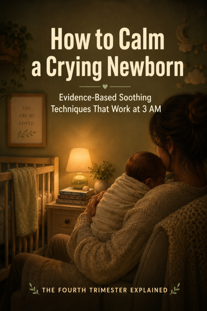 A warm nighttime nursery scene with soft golden lighting, muted sage green and cream tones, and a parent gently cradling a swaddled newborn. Large text reads “How to Calm a Crying Newborn” with a subtitle about evidence-based soothing techniques for 3 AM moments, creating a calm and reassuring atmosphere.