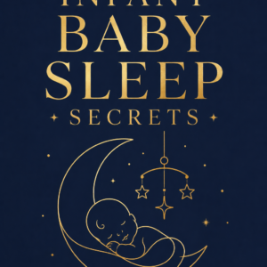 Elegant minimalist eBook cover featuring a deep midnight navy background with luxurious gold typography and a delicate gold line-art crescent moon with subtle stars. The centered title “Infant Baby Sleep Secrets” appears in a bold serif font, while the author name “Louise Blount” is displayed at the bottom in a clean minimalist sans-serif style.