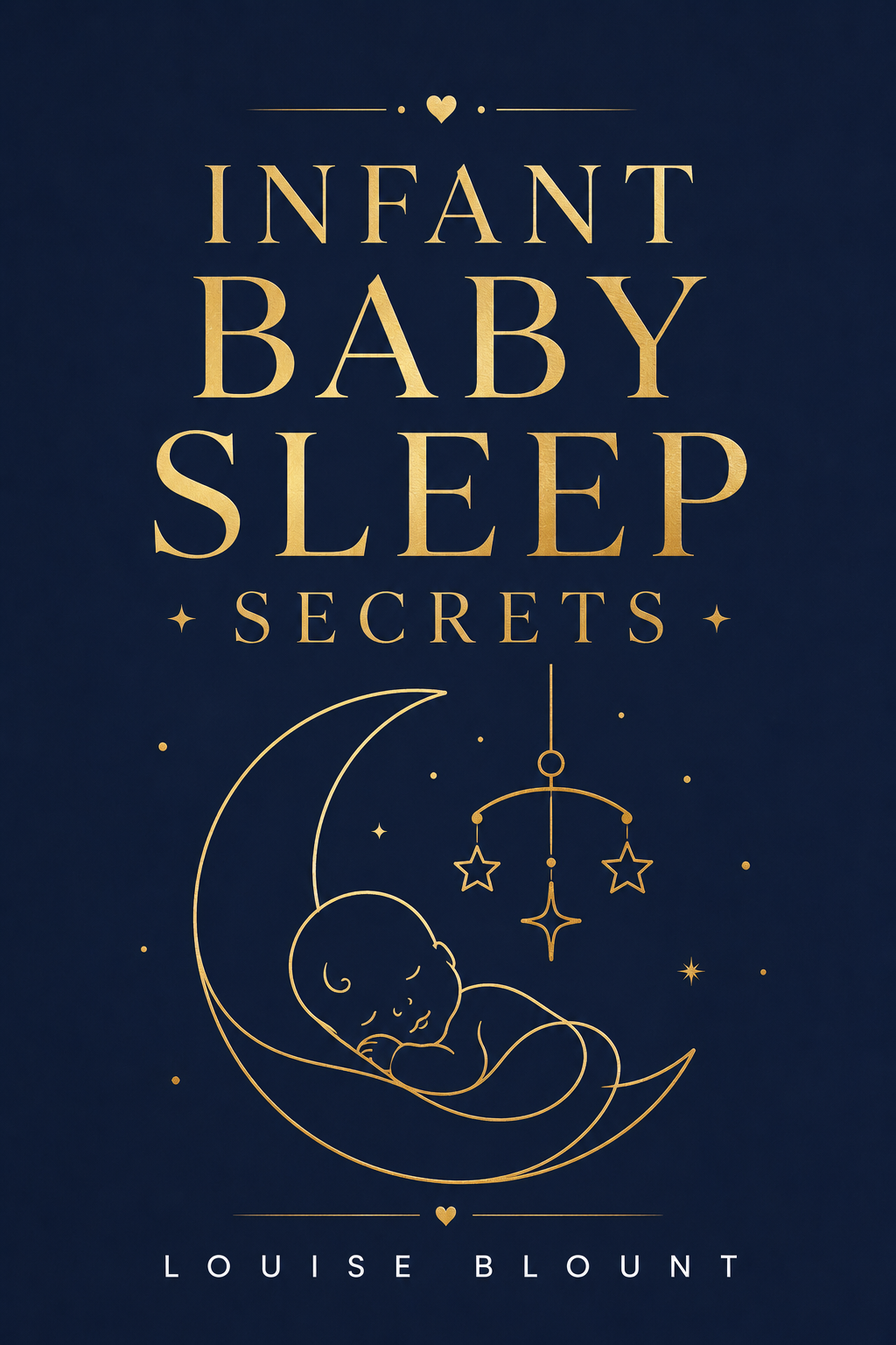 Elegant minimalist eBook cover featuring a deep midnight navy background with luxurious gold typography and a delicate gold line-art crescent moon with subtle stars. The centered title “Infant Baby Sleep Secrets” appears in a bold serif font, while the author name “Louise Blount” is displayed at the bottom in a clean minimalist sans-serif style.