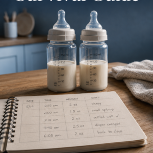 Photorealistic ebook cover showing two baby bottles on a wooden kitchen counter beside an open spiral-bound feeding log with handwritten nighttime entries. The title “New Baby Survival Guide” appears in large white serif text at the top, the subtitle “Confident Care From Day One” near the bottom, and the author name “Louise Blount” on a deep dusty blue ribbon.