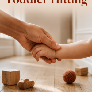 Photorealistic ebook cover showing an adult hand gently holding a toddler's wrist above a white oak hardwood floor in a warm family home. Wooden toys rest nearby in soft focus. The title reads "Stop Toddler Hitting" with the subtitle "Calm the Chaos, Raise Kind Kids" and the author name "Louise Blount."