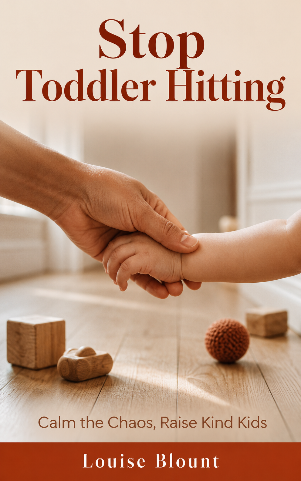 Photorealistic ebook cover showing an adult hand gently holding a toddler's wrist above a white oak hardwood floor in a warm family home. Wooden toys rest nearby in soft focus. The title reads "Stop Toddler Hitting" with the subtitle "Calm the Chaos, Raise Kind Kids" and the author name "Louise Blount."