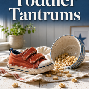 Photorealistic ebook cover showing a small rust-colored toddler sneaker next to a spilled cereal bowl on a white farmhouse table, with the title “Tame Toddler Tantrums,” subtitle “End Meltdowns with Brain Science,” and author name “Louise Blount” in elegant typography.