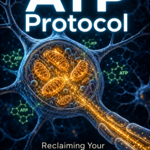 Illustration of a neuron cell with glowing mitochondria producing ATP energy, titled “The ATP Protocol” by Louise Blount