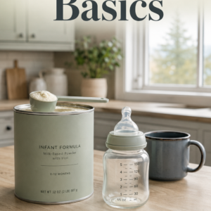 Photorealistic ebook cover showing a sage-green formula canister with a scoop of powdered formula, a clear baby bottle with a soft sage nipple ring, and a slate enamel mug on a wooden kitchen counter. The background is a softly blurred modern kitchen with natural daylight. Large serif title reads “Bottle Feeding Basics,” with the subtitle “The Complete, Judgment-Free Guide for New Parents” and author name “Louise Blount” on a deep sage ribbon at the bottom.