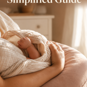 Vertical ebook cover in warm clay and ivory tones featuring a close-up of a woman’s forearm gently cradling a tightly swaddled newborn resting on a dusty-blush nursing pillow in a softly lit nursery. Large serif title text reads “Breastfeeding Simplified Guide,” with the subtitle “Empowering New Mothers With Confidence” and author name “Louise Blount” at the bottom.