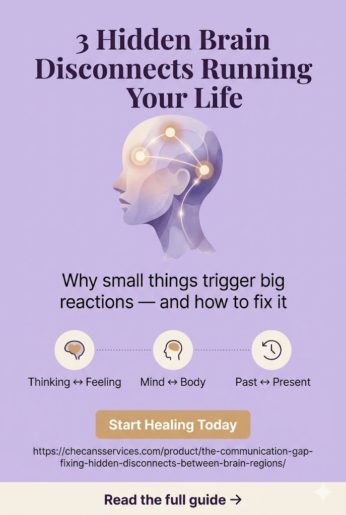 A high-quality vertical Pinterest pin with a soft lavender background. The top features a stylized, watercolor-style profile of a human head with three glowing nodes connected by delicate light pathways. Deep plum text reads: "3 Hidden Brain Disconnects Running Your Life." In the middle, three icons represent Thinking vs Feeling, Mind vs Body, and Past vs Present. A muted gold button at the bottom says "Start Healing Today" above a cream-colored banner that reads "Read the full guide."