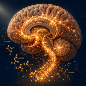 Ebook cover titled “Neuro-Metabolism” featuring a detailed human brain illuminated with glowing golden neural pathways and energy streams labeled with ATP and glucose molecules on a dark blue background. Subtitle reads “Why Your Brain Is Hungry for Focus,” with the author name “Louise Blount” displayed in a gold band at the bottom.