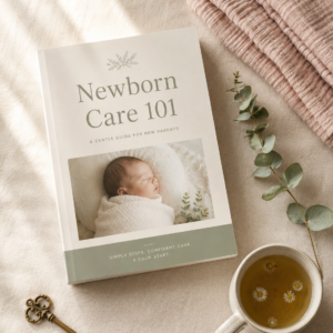Flat-lay of a minimalist ebook titled “Newborn Care 101” with a blush swaddle, eucalyptus sprig, chamomile tea, and brass key on a cream linen background.