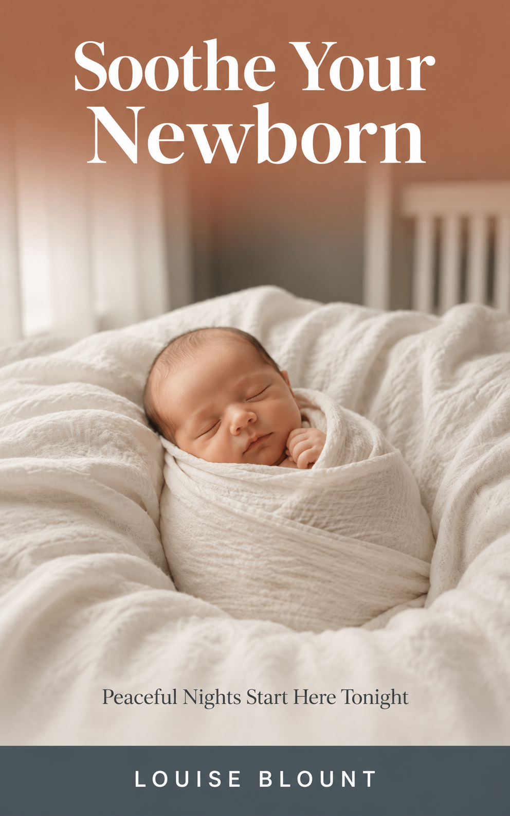Premium photorealistic ebook cover featuring a tightly swaddled sleeping newborn resting on soft ivory linen in a softly lit nursery. The top section contains the title “Soothe Your Newborn” in large ivory serif typography over a warm clay-toned background. Below the baby image appears the subtitle “Peaceful Nights Start Here Tonight,” with the author name “Louise Blount” centered in white text on a soft slate ribbon at the bottom.