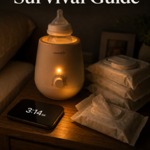 Photorealistic ebook cover showing a softly glowing baby bottle warmer on a wooden nightstand beside baby wipes and a smartphone displaying 3:14 AM. The scene is lit with warm amber light against a dark charcoal bedroom background. The title “Newborn Survival Guide” appears in large white serif text at the top, with the subtitle “Thrive Through Your Baby’s First Months” near the bottom and the author name “Louise Blount” on an ochre ribbon footer.