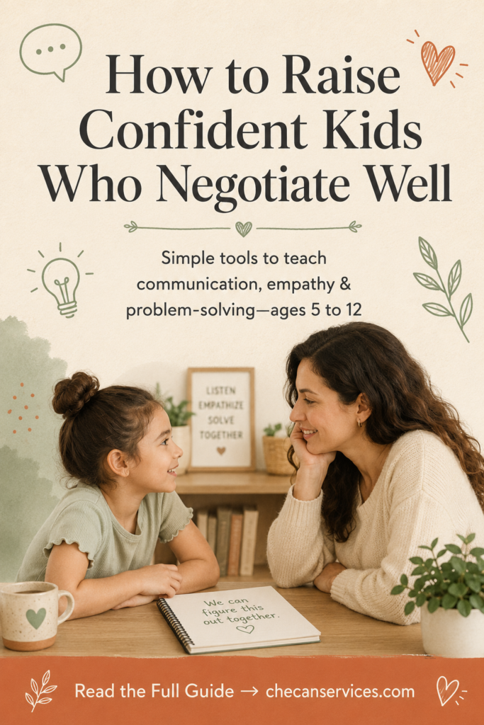 A warm Pinterest-style parenting graphic featuring a mother and daughter sitting face-to-face at a kitchen table, smiling and talking calmly. The design uses soft cream, sage green, and terracotta tones with hand-drawn icons like hearts, speech bubbles, and lightbulbs. Large serif text reads, “How to Raise Confident Kids Who Negotiate Well,” with supportive parenting guidance underneath and a terracotta call-to-action banner at the bottom.