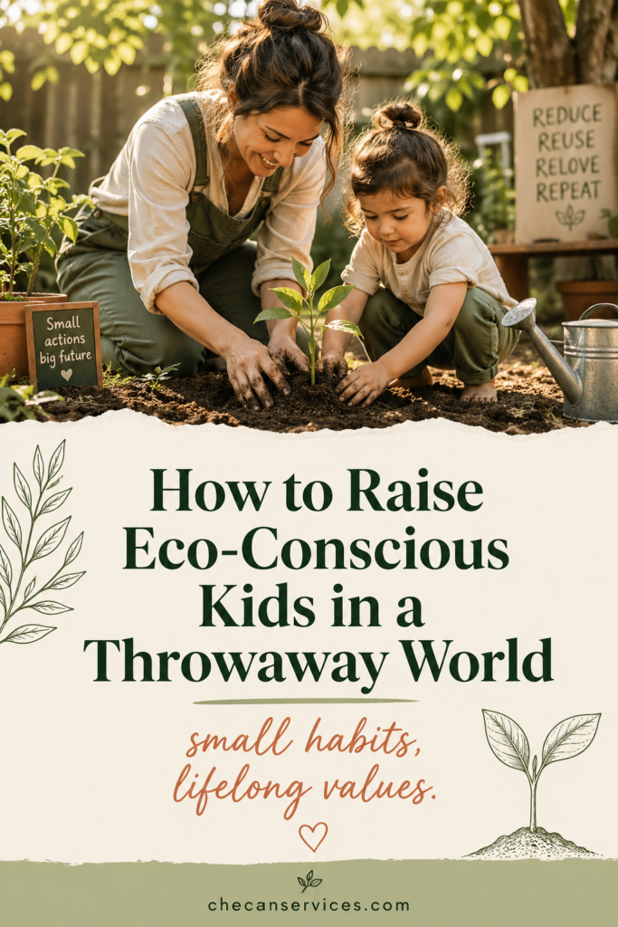 A warm, sunlit image of a mother and young child planting a seedling together in a backyard garden, with earthy-toned text below reading “How to Raise Eco-Conscious Kids in a Throwaway World” and the subtitle “small habits, lifelong values,” surrounded by subtle botanical illustrations.