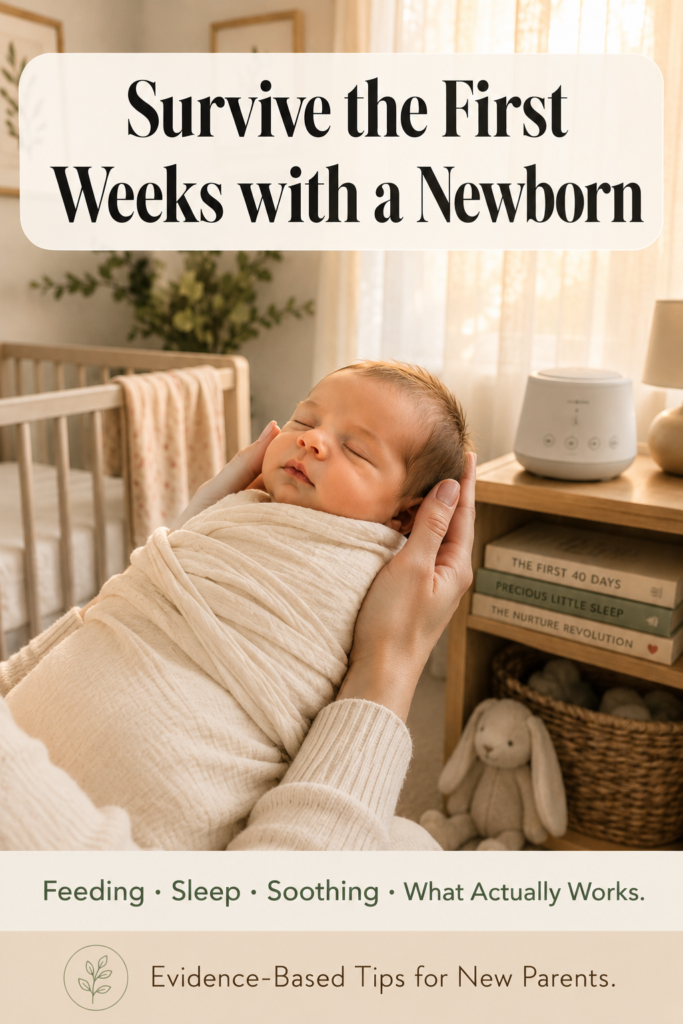 Vertical Pinterest pin showing a sleeping newborn wrapped in a cream swaddle and gently held in adult hands inside a softly lit nursery at dawn. Warm golden light filters through sheer curtains, with a crib, white noise machine, and books in the background. Text reads “Survive the First Weeks with a Newborn” and “Feeding · Sleep · Soothing · What Actually Works.”