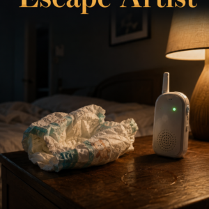 Photorealistic ebook cover showing a crumpled disposable diaper and glowing baby monitor on a dark wooden nightstand in a dim bedroom at night, with warm amber lighting and the title “The Diaper Escape Artist.”