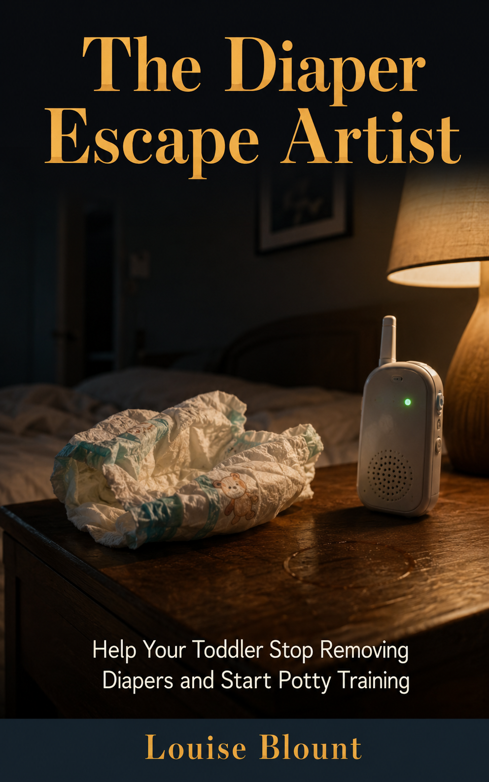 Photorealistic ebook cover showing a crumpled disposable diaper and glowing baby monitor on a dark wooden nightstand in a dim bedroom at night, with warm amber lighting and the title “The Diaper Escape Artist.”