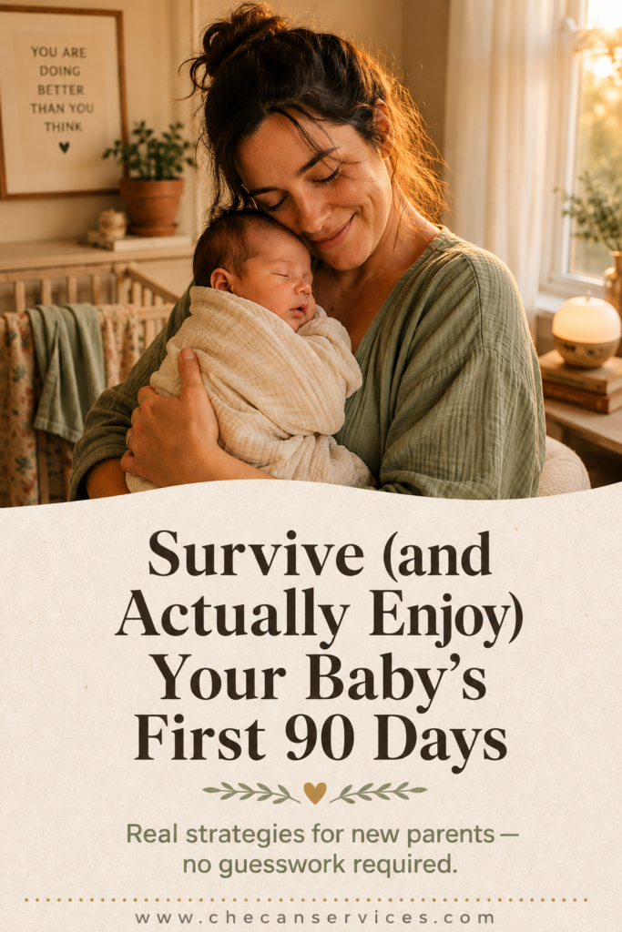 A warm Pinterest pin showing a softly lit nursery at golden hour, where a tired but smiling parent cradles a sleeping newborn wrapped in a cream muslin swaddle. The scene uses earthy tones of cream, sage green, terracotta, and muted gold. Below the photo, elegant serif text reads “Survive (and Actually Enjoy) Your Baby’s First 90 Days” with a smaller sage green subheading about real strategies for new parents.
