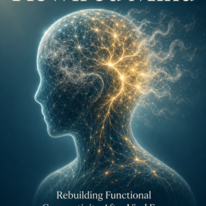 A premium ebook cover featuring a glowing, stylized human head in profile made of interconnected neural pathways, with golden light repairing synaptic connections as soft grey fog dissipates. The title “The Rewired Mind” appears at the top, with the subtitle below and the author name “Louise Blount” on a gold ribbon at the bottom.
