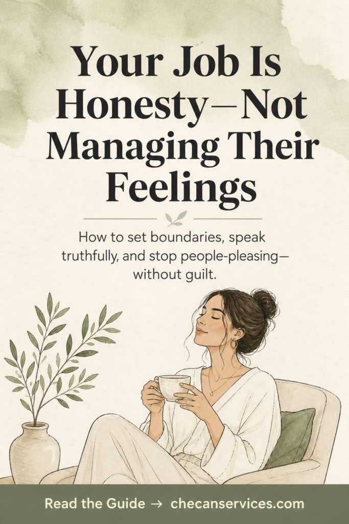 A calming Pinterest pin with a soft cream and sage green background featuring the quote “Your Job Is Honesty—Not Managing Their Feelings,” a peaceful woman holding tea, and a call-to-action to read a boundary-setting guide.