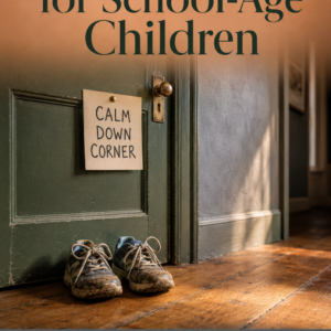 Book cover for "Boundaries for School-Age Children" by Louise Blount. A warm Vermont farmhouse hallway features a forest-green door with a hand-lettered "Calm Down Corner" sign and a pair of muddy children's sneakers on a honey-toned pine floor. The subtitle reads: "Raise Confident, Respectful Kids with Calm, Consistent Limits."