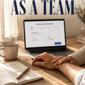 Photorealistic ebook cover showing two partners' hands resting together on a sunlit oak desk beside an open laptop displaying a joint bank account setup form. A notebook with handwritten budget figures, a brass pen, and a ceramic mug sit nearby. The title "Budgeting as a Team" appears prominently at the top, with the subtitle below and the author name, Louise Blount, on a blue ribbon at the bottom.