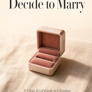 An empty open ring box with dusty rose velvet interior rests on cream linen in soft studio light; title text reads Decide to Marry.