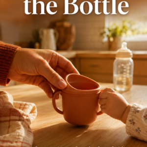Photorealistic ebook cover featuring a warm adult hand gently steadying a toddler’s sippy cup as a child grasps it independently in a sunlit coastal-style kitchen. A blurred baby bottle sits in the background on a wooden countertop, symbolizing the transition away from bottles. The title “Goodbye to the Bottle” appears in large white serif text at the top, with the subtitle below and the author name, Louise Blount, displayed on a deep rust-colored ribbon at the bottom.