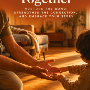 Photorealistic ebook cover featuring a caregiver kneeling on a sunlit hardwood floor in a warm mid-century living room, reaching toward a child whose small hands gently meet the adult's. Golden California afternoon light fills the scene with mustard, burnt orange, and warm clay tones. The title Growing Up Together: Nurture the Bond, Strengthen the Connection, and Embrace Your Story appears prominently at the top, with the author name Louise Blount displayed on a walnut-brown ribbon at the bottom.