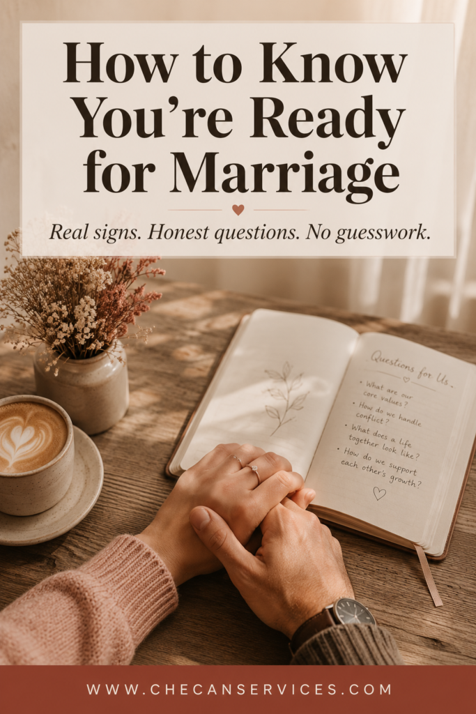 Pinterest pin showing two hands resting together on a wooden table with coffee and a journal. Text overlay reads: "How to Know You're Ready for Marriage — Real Signs & Honest Questions." Website URL checanservices.com shown at bottom.