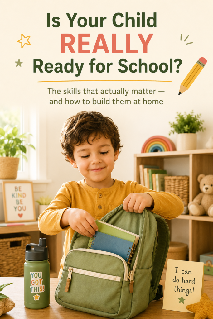 Young child packing notebooks into a green backpack at home, promoting school readiness skills, confidence, and back-to-school preparation.
