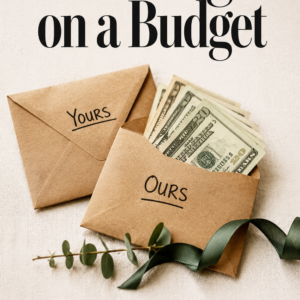 Two kraft envelopes labeled YOURS and OURS overlap on pale linen, dollar bills fanning from the OURS envelope, with the title Marriage on a Budget above.