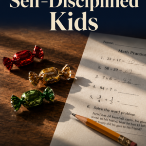 Photorealistic ebook cover featuring three wrapped candies on an aged walnut desk beside a partially completed homework worksheet and a sharpened pencil. Warm autumn sunlight casts soft shadows across the scene. The title "Raising Self-Disciplined Kids" appears in large serif type on a deep navy background, with the subtitle below and author Louise Blount displayed on a warm clay ribbon at the bottom.