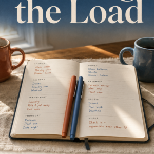 Photorealistic ebook cover featuring an open weekly planner on an off-white linen table setting. The planner contains handwritten task lists in rust and slate-blue ink, with two matching pens resting across the center. Soft morning sunlight streams from the left, while blurred clay and blue mugs sit at the edges of the frame. A dusty-blue title panel at the top displays “Sharing the Load,” a subtitle appears below the planner, and a warm clay ribbon at the bottom features the author name, Louise Blount. The overall design conveys cooperation, shared responsibility, and domestic partnership.