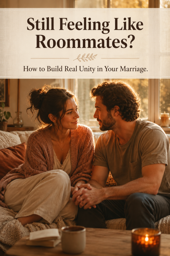 A married couple sits close together on a couch during golden hour, holding hands and having a warm, genuine conversation. Soft sunlight fills the room, creating an intimate and connected atmosphere. The image includes the text: "Still Feeling Like Roommates? How to Build Real Unity in Your Marriage."