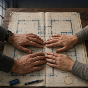 Top-down view of a man and woman holding open an aged architectural blueprint on a walnut drafting table beneath the title Stop Being Two and the subtitle How Married Couples Build True Unity and Lasting Intimacy by Louise Blount.