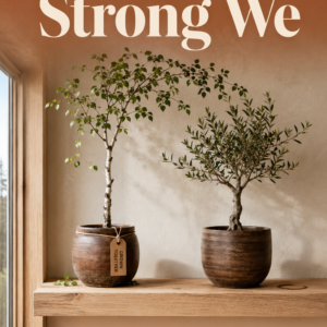 Two potted trees of different species in walnut planters on a sunlit shelf, branches leaning toward each other, with title text overlaid.