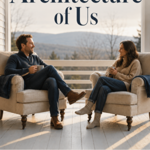 Book cover for The Architecture of Us by Louise Blount. A husband and wife sit facing each other in matching linen armchairs on a sunlit Vermont farmhouse porch. A deliberate open space separates the chairs, symbolizing healthy boundaries within a close relationship. Soft blue-gray hills blur in the background, while warm late-afternoon light casts long shadows across the white-painted porch floor. The title appears prominently at the top, with the subtitle about healthy boundaries and lasting intimacy centered below the image and the author's name on a blue-gray ribbon at the bottom.