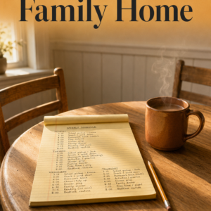 Photorealistic ebook cover featuring a handwritten weekly family schedule on a yellow legal pad resting on a round white oak kitchen table in a warm New England farmhouse kitchen. A steaming clay-colored ceramic mug sits beside the schedule, with two wooden chairs partially visible. Soft autumn sunlight streams in from the left, creating a cozy, organized atmosphere. The title The Balanced Family Home appears prominently at the top, with the subtitle Calm Routines, Smarter Homework Habits, and Less Chaos for Busy Parents and the author name Louise Blount displayed below.