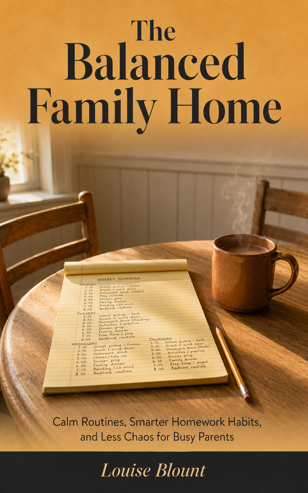 Photorealistic ebook cover featuring a handwritten weekly family schedule on a yellow legal pad resting on a round white oak kitchen table in a warm New England farmhouse kitchen. A steaming clay-colored ceramic mug sits beside the schedule, with two wooden chairs partially visible. Soft autumn sunlight streams in from the left, creating a cozy, organized atmosphere. The title The Balanced Family Home appears prominently at the top, with the subtitle Calm Routines, Smarter Homework Habits, and Less Chaos for Busy Parents and the author name Louise Blount displayed below.
