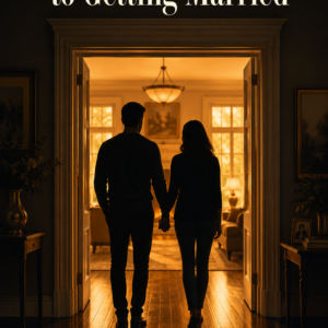 A couple in silhouette holds hands in an open doorway, warm golden light spilling onto hardwood floors, with the book title above in the shadowed frame.