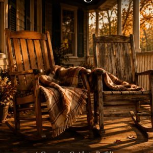 Two worn wooden chairs with a shared blanket on a sunlit porch, title text "The Long Game" set against deep shadow in the upper third.