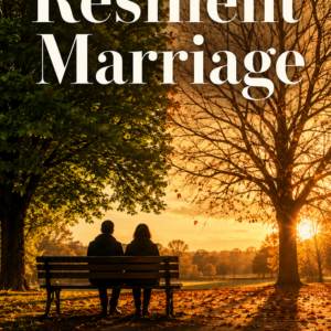 Two silhouetted figures sit on a wooden bench beneath a canopy split between lush green summer and bare autumn branches, in warm golden light; title text reads The Resilient Marriage.
